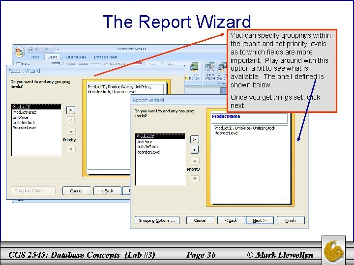 The Report Wizard You can specify groupings within the report and set priority levels