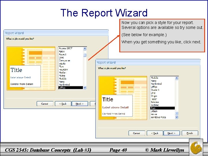 The Report Wizard Now you can pick a style for your report. Several options