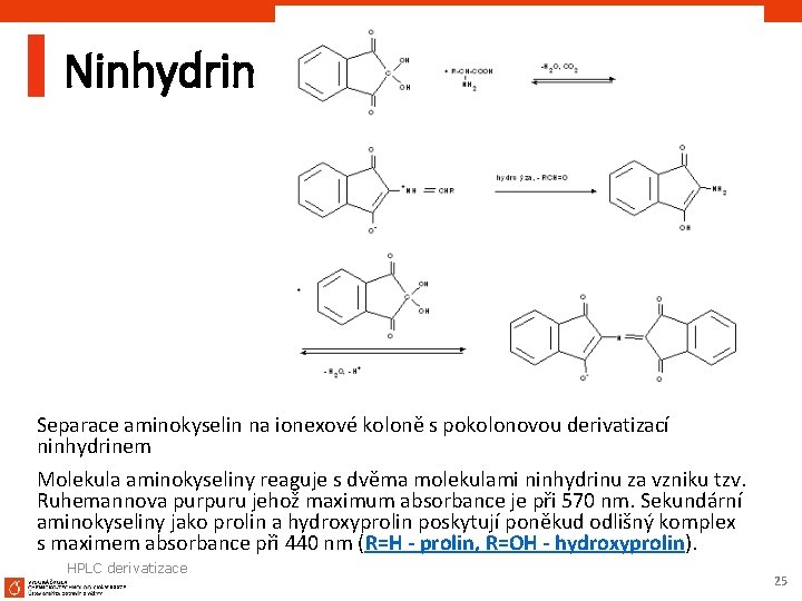 Ninhydrin Separace aminokyselin na ionexové koloně s pokolonovou derivatizací ninhydrinem Molekula aminokyseliny reaguje s