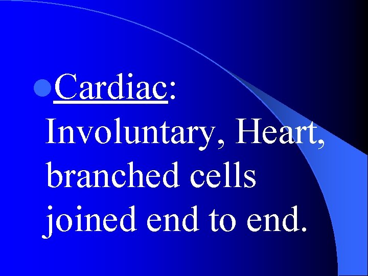 l. Cardiac: Involuntary, Heart, branched cells joined end to end. 