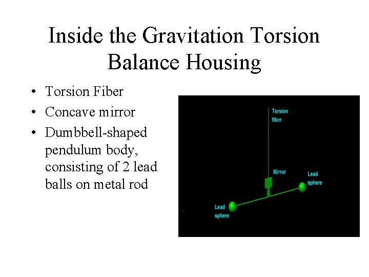 Inside the Gravitation Torsion Balance Housing • Torsion Fiber • Concave mirror • Dumbbell-shaped