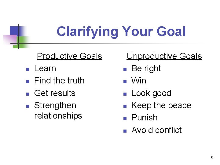 Clarifying Your Goal n n Productive Goals Learn Find the truth Get results Strengthen