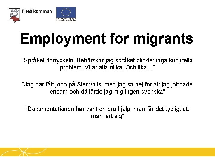 Employment for migrants ”Språket är nyckeln. Behärskar jag språket blir det inga kulturella problem.