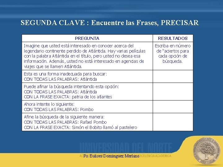 SEGUNDA CLAVE : Encuentre las Frases, PRECISAR PREGUNTA Imagine que usted está interesado en