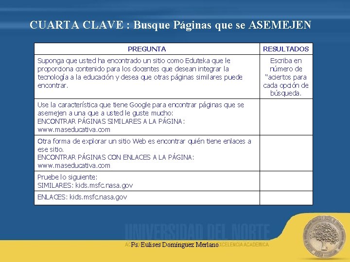 CUARTA CLAVE : Busque Páginas que se ASEMEJEN PREGUNTA Suponga que usted ha encontrado