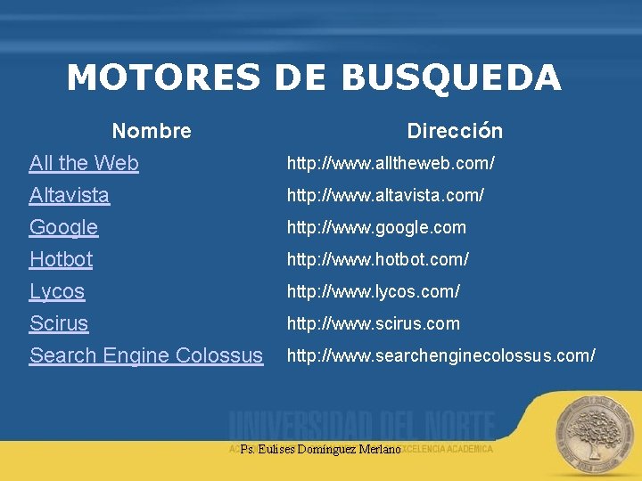 MOTORES DE BUSQUEDA Nombre All the Web Altavista Google Dirección http: //www. alltheweb. com/