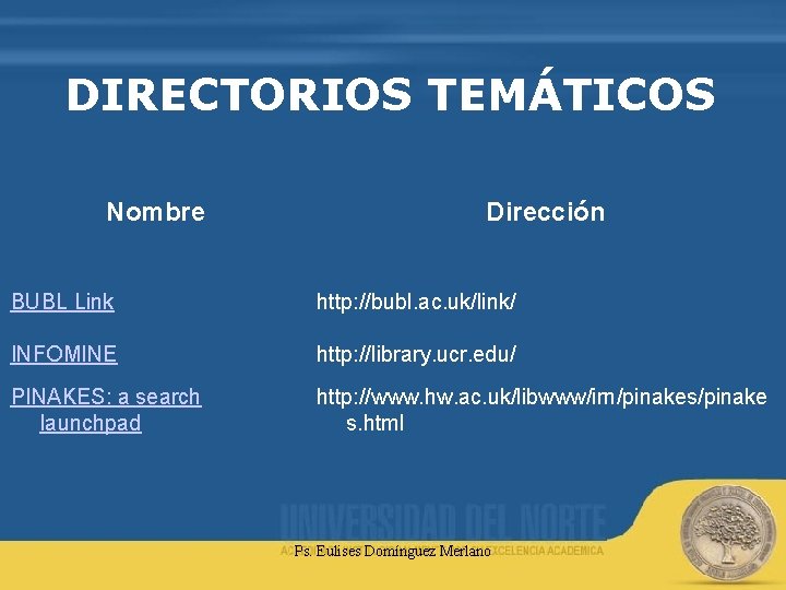 DIRECTORIOS TEMÁTICOS Nombre Dirección BUBL Link http: //bubl. ac. uk/link/ INFOMINE http: //library. ucr.