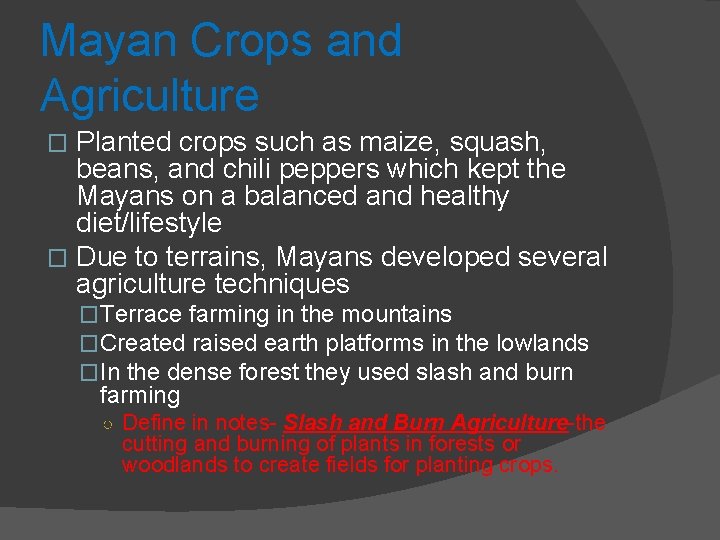 Mayan Crops and Agriculture Planted crops such as maize, squash, beans, and chili peppers