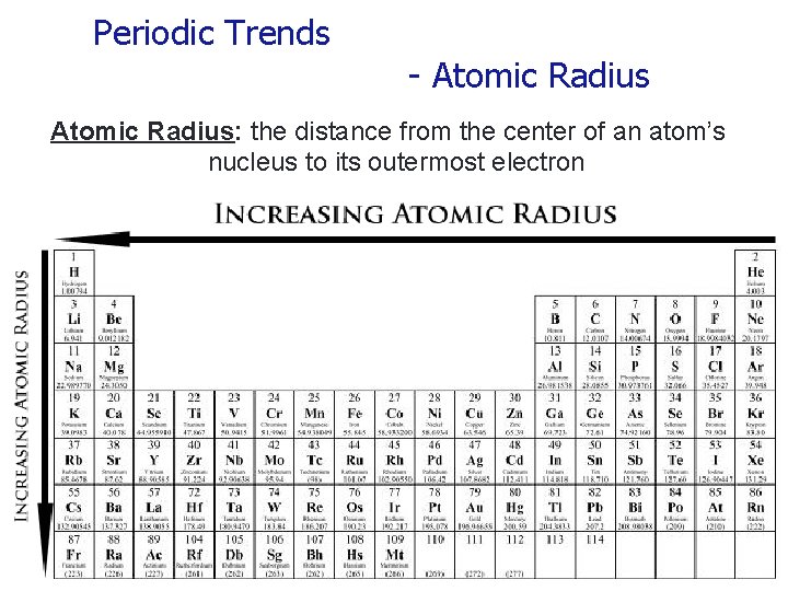 Periodic Trends - Atomic Radius: the distance from the center of an atom’s nucleus