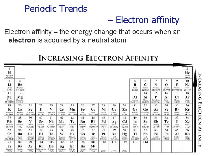 Periodic Trends – Electron affinity – the energy change that occurs when an electron