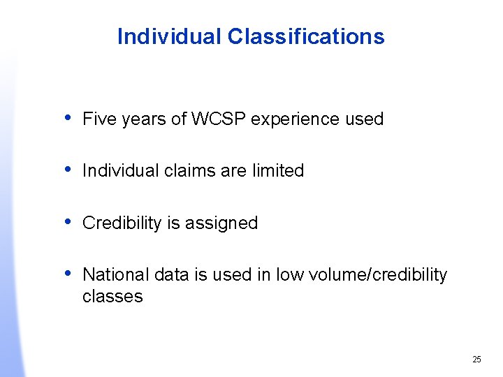 Individual Classifications • Five years of WCSP experience used • Individual claims are limited