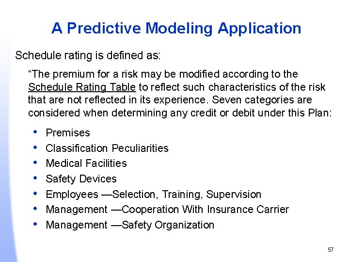 A Predictive Modeling Application Schedule rating is defined as: “The premium for a risk