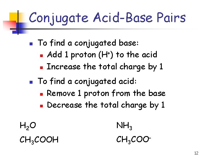 Conjugate Acid-Base Pairs n n To find a conjugated base: + n Add 1