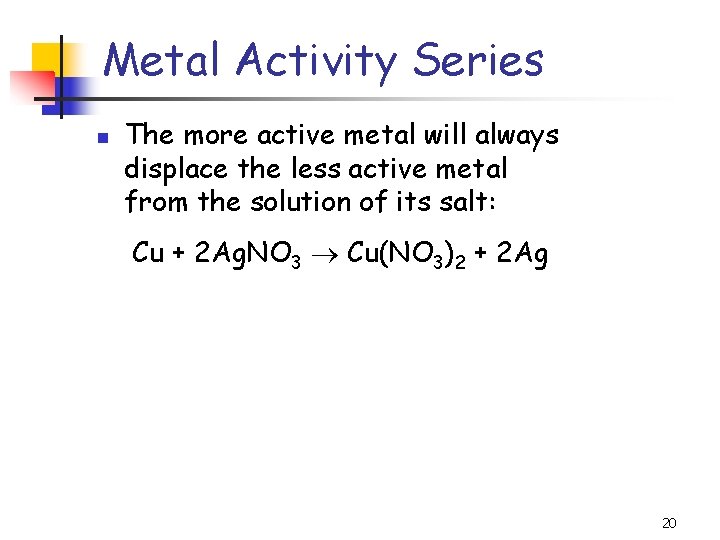 Metal Activity Series n The more active metal will always displace the less active