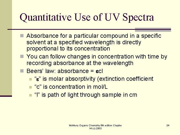 Quantitative Use of UV Spectra n Absorbance for a particular compound in a specific