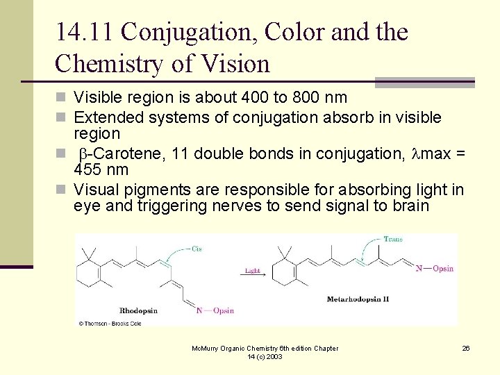 14. 11 Conjugation, Color and the Chemistry of Vision n Visible region is about