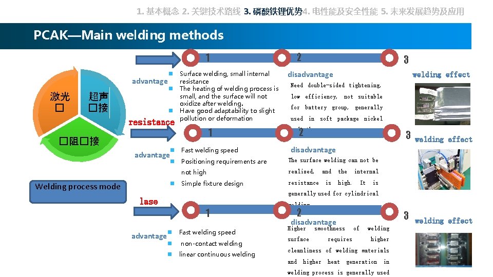 1. 基本概念 2. 关键技术路线 3. 磷酸铁锂优势 4. 电性能及安全性能 5. 未来发展趋势及应用 PCAK—Main welding methods 1
