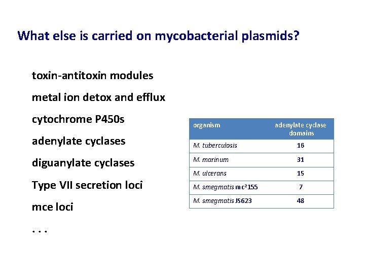 What else is carried on mycobacterial plasmids? toxin-antitoxin modules metal ion detox and efflux