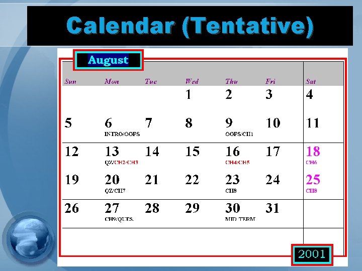 Calendar (Tentative) 