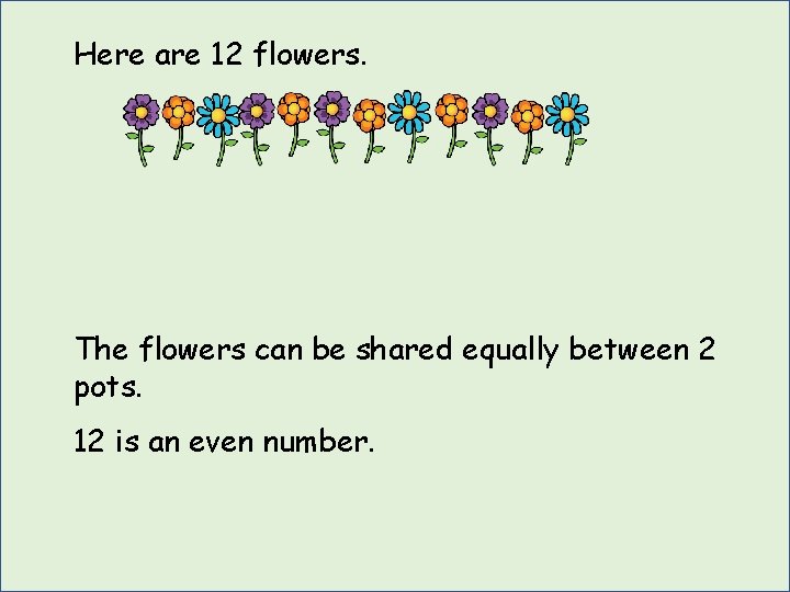 Here are 12 flowers. The flowers can be shared equally between 2 pots. 12