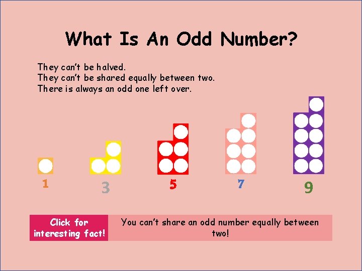 What Is An Odd Number? They can’t be halved. They can’t be shared equally