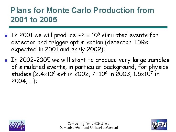 Plans for Monte Carlo Production from 2001 to 2005 n n In 2001 we