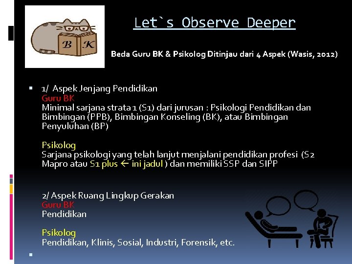 Let`s Observe Deeper Beda Guru BK & Psikolog Ditinjau dari 4 Aspek (Wasis, 2012)