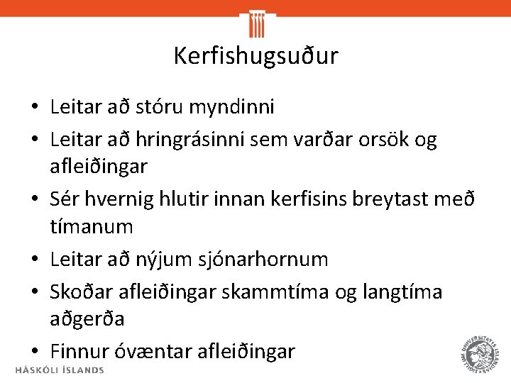 Kerfishugsuður • Leitar að stóru myndinni • Leitar að hringrásinni sem varðar orsök og