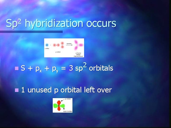 Sp 2 hybridization occurs n. S + px + py = 3 sp 2