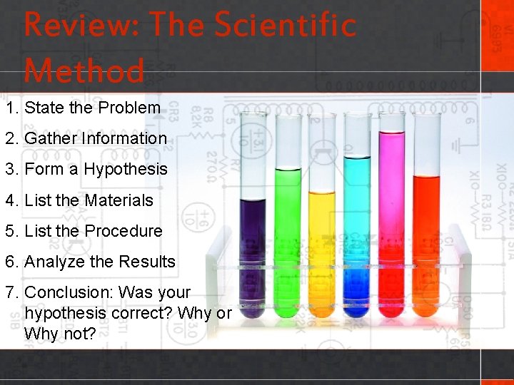 Review: The Scientific Method 1. State the Problem 2. Gather Information 3. Form a
