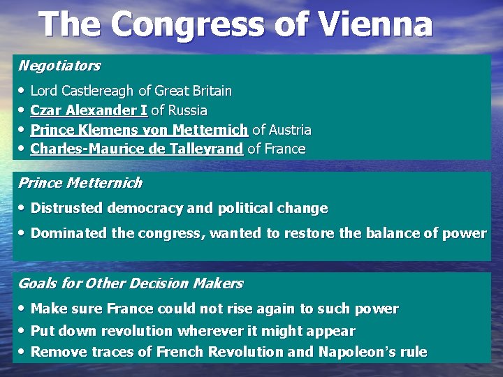 The Congress of Vienna Negotiators • Lord Castlereagh of Great Britain • Czar Alexander