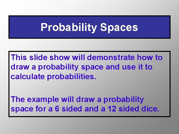 Probability Spaces This slide show will demonstrate how to draw a probability space and