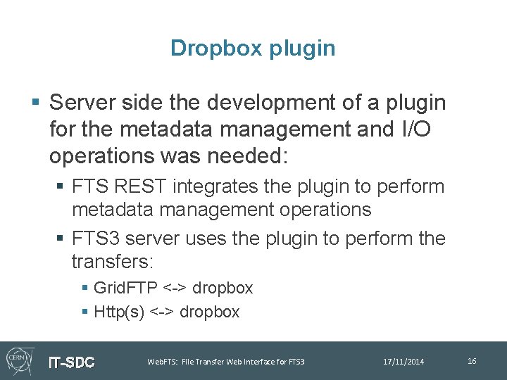 Dropbox plugin § Server side the development of a plugin for the metadata management