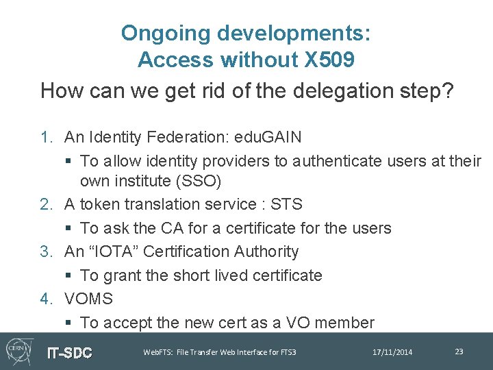 Ongoing developments: Access without X 509 How can we get rid of the delegation