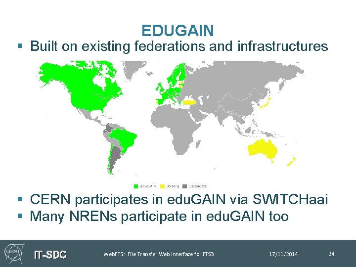 EDUGAIN § Built on existing federations and infrastructures § CERN participates in edu. GAIN