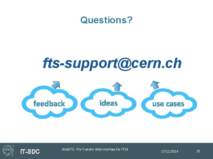 Questions? fts-support@cern. ch feedback IT-SDC ideas Web. FTS: File Transfer Web Interface for FTS