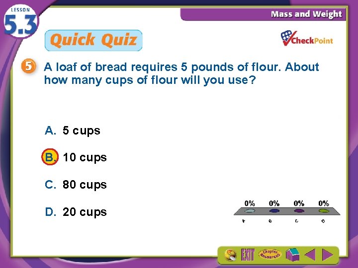 A loaf of bread requires 5 pounds of flour. About how many cups of