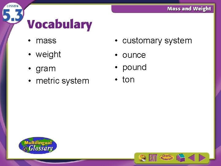  • mass • customary system • weight • ounce • pound • ton