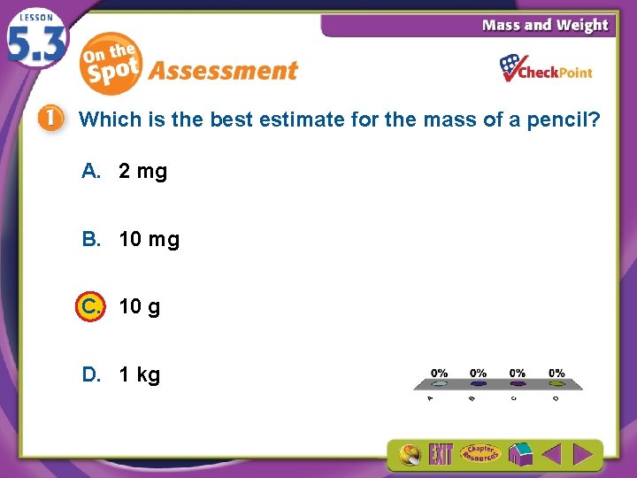 Which is the best estimate for the mass of a pencil? A. 2 mg