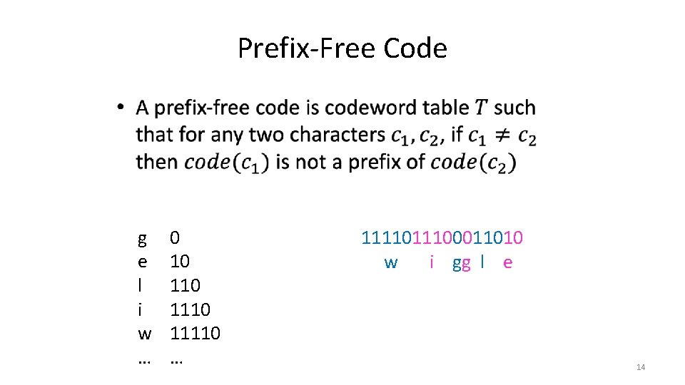 Prefix-Free Code • g e l i w … 0 10 1110 11110 …