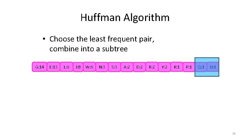 Huffman Algorithm • Choose the least frequent pair, combine into a subtree G: 14