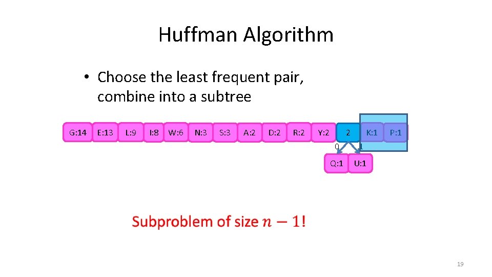 Huffman Algorithm • Choose the least frequent pair, combine into a subtree G: 14