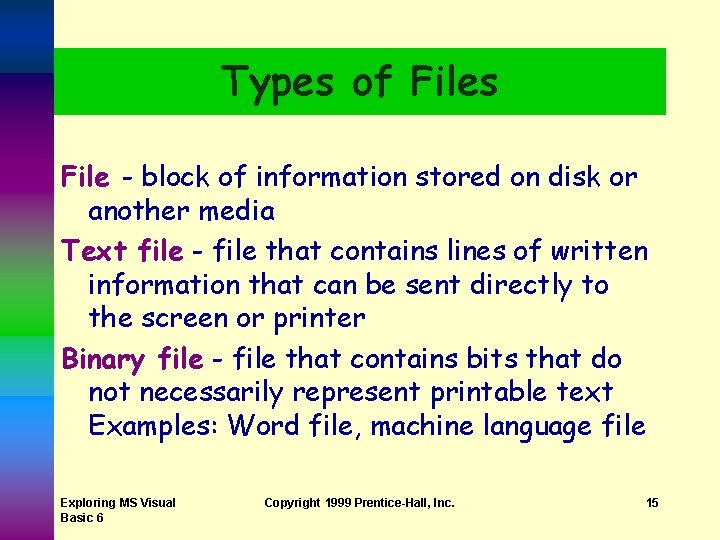 Types of Files File - block of information stored on disk or another media Types of Files File - block of information stored on disk or another media