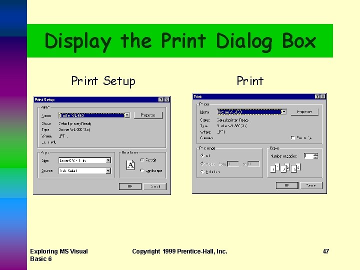 Display the Print Dialog Box Print Setup Exploring MS Visual Basic 6 Copyright 1999 Display the Print Dialog Box Print Setup Exploring MS Visual Basic 6 Copyright 1999