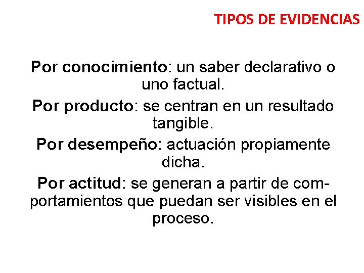 TIPOS DE EVIDENCIAS Por conocimiento: un saber declarativo o uno factual. Por producto: se