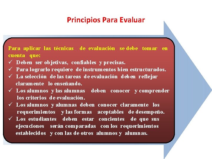 Principios Para Evaluar Para aplicar las técnicas de evaluación se debe tomar en cuenta