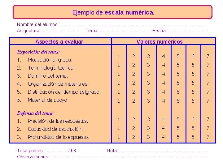 Ejemplo de escala numérica. Nombre del alumno: . . . . . . .