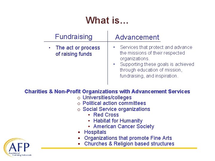 What is… Fundraising • The act or process of raising funds Advancement • •