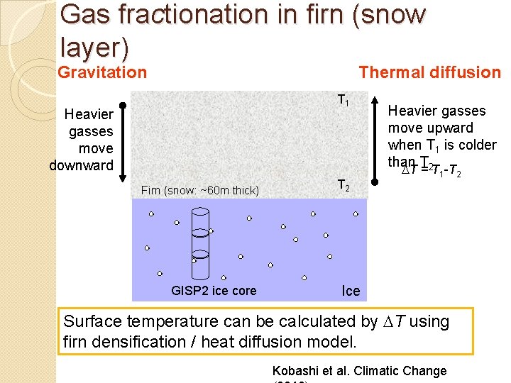 Gas fractionation in firn (snow layer) Gravitation Thermal diffusion T 1 Heavier gasses move