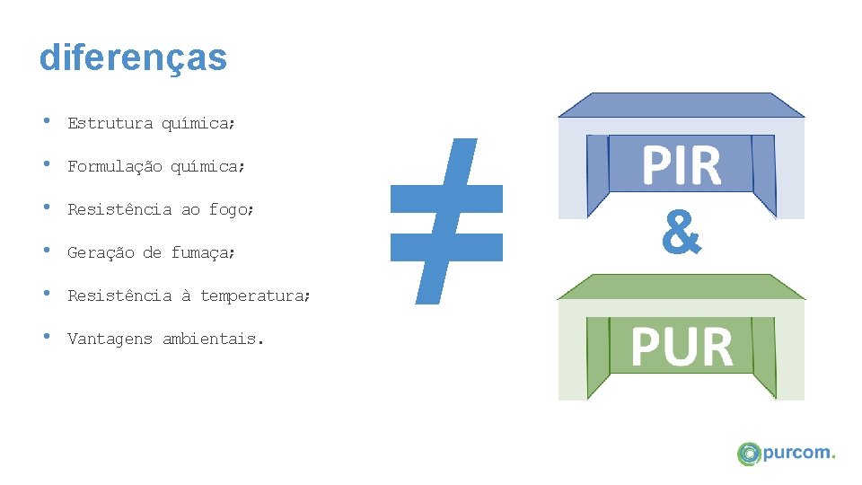 diferenças • Estrutura química; • Formulação química; • Resistência ao fogo; • Geração de